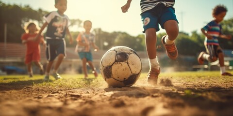 Close up of kids playing football on green pitch. Kids leg and soccer ball - obrazy, fototapety, plakaty