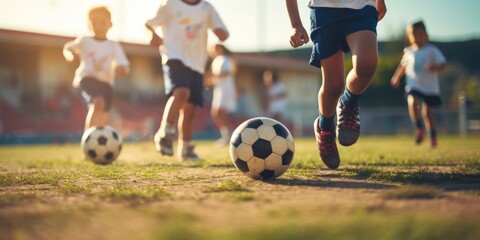Close up of kids playing football on green pitch. Kids leg and soccer ball - obrazy, fototapety, plakaty