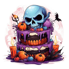 tort dyniowy z czaszką i świeczkami na Halloween - obrazy, fototapety, plakaty