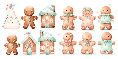 Set of Gingerbread and Ginger House watercolor Powder Pink and Light Turquoise color vectors