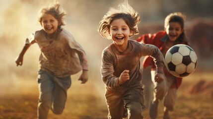Happy kids play football. Cute child celebrate and cheers - obrazy, fototapety, plakaty