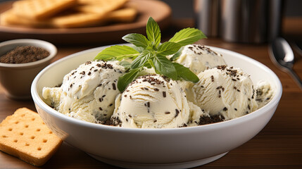 Stracciatella ice cream with mint leaves 