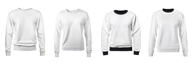 Collection of blank white sweatshirt templates. Pullovers with long sleeves, mockups for design and print, isolated on a transparent background with clipping path.