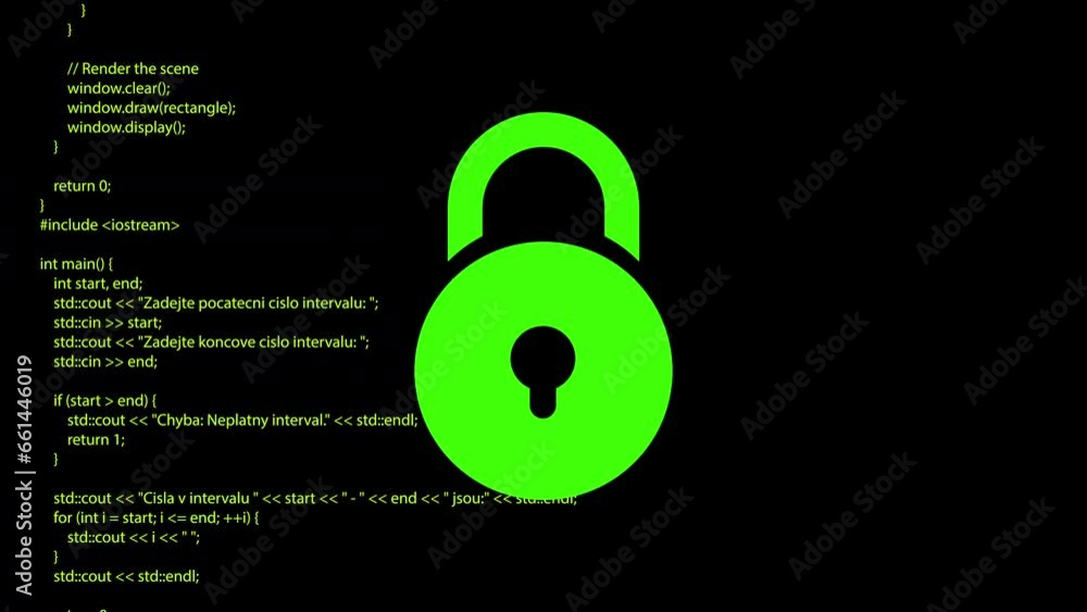 Poster lock glitch icon - abstract green digital animation. code moving in the screen background.