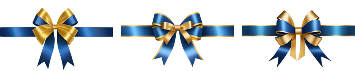 Set of blue realistic bow ribbon, gift wrap decoration, isolated on a transparent background. PNG, cutout, or clipping path. - obrazy, fototapety, plakaty