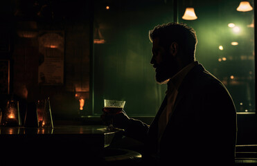 Man sits in a dark bar and drinks alcohol