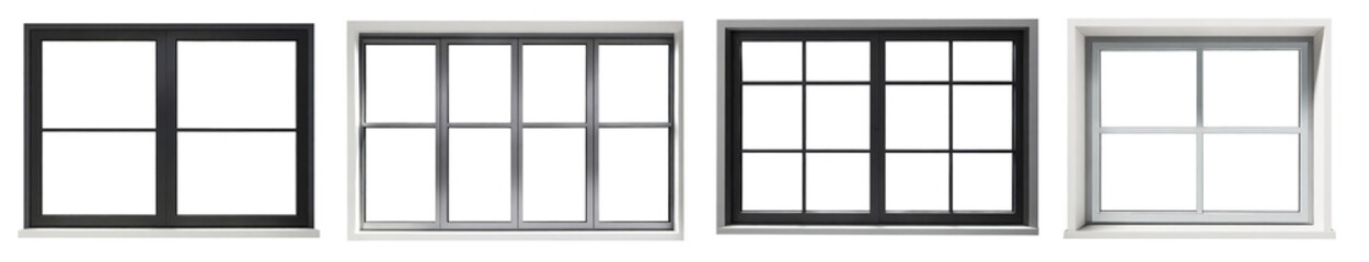 Real modern windows set isolated on a white background, various office frontstore frames collection for design, exterior building aluminum facade element.PNG file, clipping path . - Powered by Adobe