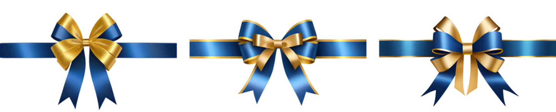Set of blue realistic bow ribbon, gift wrap decoration, isolated on a transparent background. PNG, cutout, or clipping path.