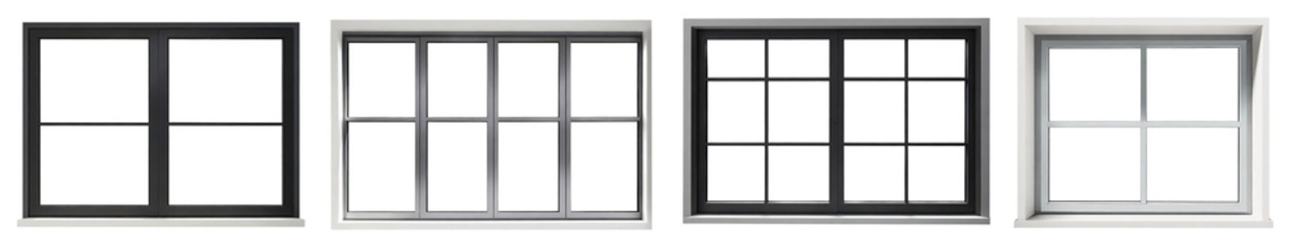 Fototapeta Real modern windows set isolated on a white background, various office frontstore frames collection for design, exterior building aluminum facade element.PNG file, clipping path .