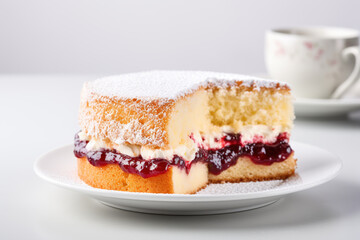 Victoria sponge cake, a classic British dessert featuring layers of fluffy sponge filled with jam and cream, isolated on a white background