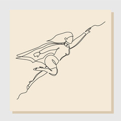 Continuous single line sketch drawing of flying business super hero woman. Vector illustration one line concept of power employee, success achievement, business hero leader