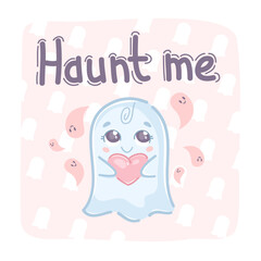 A flying ghost character in doodle style, blue, surrounded by ghosts, on a pink background. Haunt me. With calligraphic lettering.