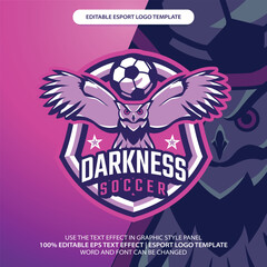 Owl Darkness Soccer Team Mascot Emblem Badge Esport Logo Game Design. Identity for gamer streamer club