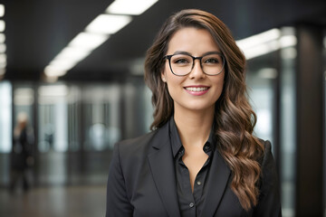 Closeup portrait of a smiling business woman in office. Professional Asian businesswoman wearing black formal suit at work. Business concept, copy space in background for advertising.