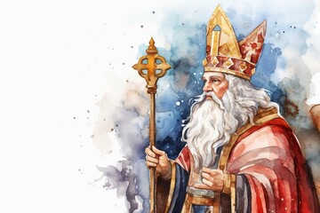 Sinterklaas watercolor drawing. The background is white and copy space, generative ai - obrazy, fototapety, plakaty