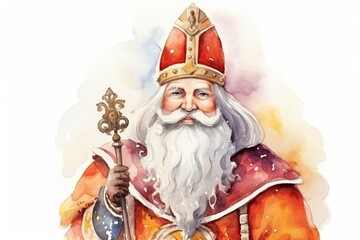 Sinterklaas watercolor drawing. The background is white and copy space, generative ai