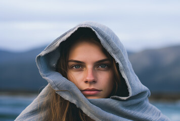 Fototapeta premium Portrait of a woman in winter by the lake