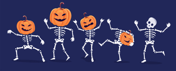 Fototapeta na wymiar Funny illustration of dancing pumpkins with skeletons halloween party