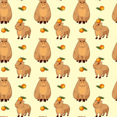 Seamless pattern of two cute capybaras of mother and child in a hat with juicy fragrant oranges on a pastel background, wallpaper or postcard