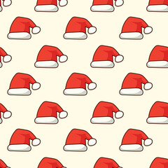 Seamless pattern of cute Santa Claus hats on a light background, wallpaper or postcard for New Year and Christmas