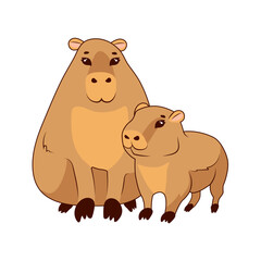 Two cute capybaras mother and baby on a white background
