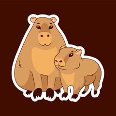 Sticker Two Cute capybaras mother and baby on a brown background