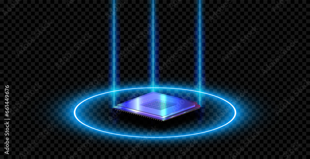 Poster futuristic microchip processor with lights on the blue background. quantum computer, large data proc