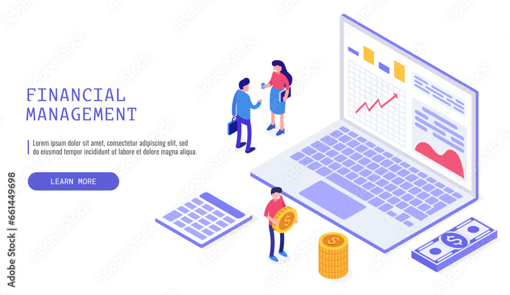 Aufkleber project management financial report strategy. consulting team. isometric vector web banner.