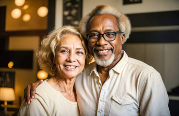 Close up smiling senior family couple husband and wife looking at camera with tenderness and love while standing in living room at home, man and woman embracing indoors. Generative AI