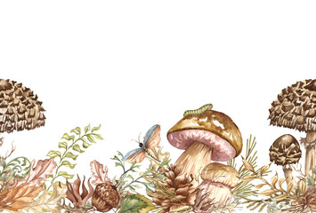 Forest seamless border. Watercolor illustration. Hand drawn dried leaves, mushrooms, berries and wild herb.. Woodland background.