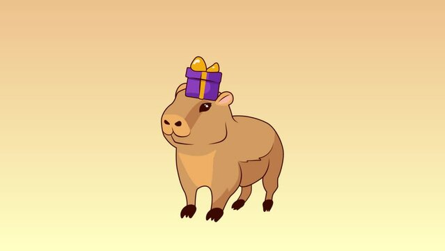 Motion graphics and animation illustrations Cute drawn baby capybara tries on holiday headdresses: Santa Claus hat, orange, gift box, Christmas ball, mistletoe bouquet with red flowers