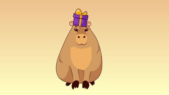 Motion graphics and animation illustrations Cute drawn capybara tries on holiday headdresses: Santa Claus hat, orange, gift box, Christmas ball, mistletoe bouquet with red flowers