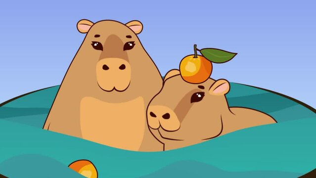 Motion graphics and animation illustrations Two cute drawn capybaras mother and child bathe in a basin of water