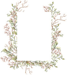 Watercolor forest frame. Woodland invitation template Illustration. Hand drawn wreath with dried leaves, mushrooms, berries and wild herb.. Woodland background.
