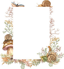 Watercolor forest frame. Woodland invitation template Illustration. Hand drawn wreath with dried leaves, mushrooms, berries and wild herb.. Woodland background.