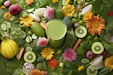 Obraz premium Overhead view of colorful veggies, fruits, and blooms on verdant surface. Green smoothie.