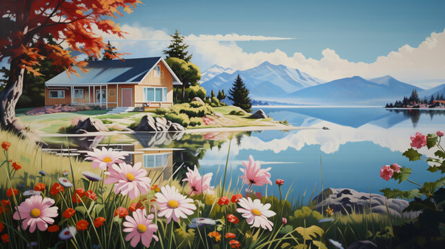 A painting of a house by a lake