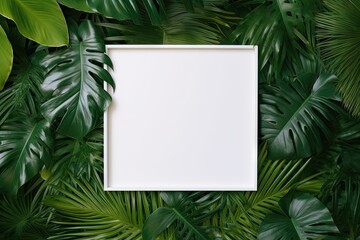 Naklejka na ściany i meble Tropical serenity. Minimalist palm leaf. Nature elegance. Green leaves with white frame. Leaves of tranquility