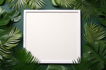 Tropical serenity. Minimalist palm leaf. Nature elegance. Green leaves with white frame. Leaves of tranquility