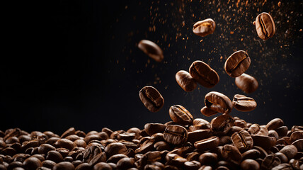 Roasted coffee beans mid-air, glistening and cascading, illuminated against a dark, dramatic backdrop, capturing the essence of a fresh brew - obrazy, fototapety, plakaty