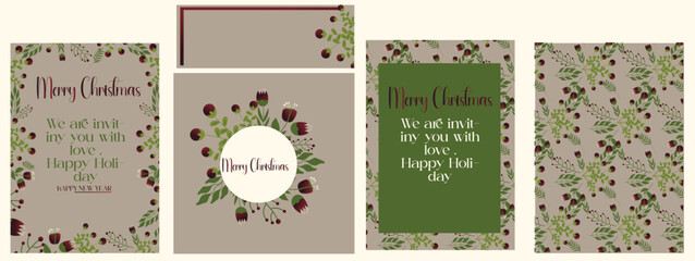 Modern universal artistic templates. Merry Christmas Corporate Holiday cards and invitations. Floral frames and backgrounds design.