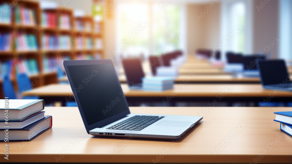 Poster laptop with a blank screen placed beside a stack of books on a table in a well-lit library setting w