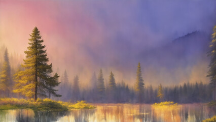 Watercolor landscape, forest river, pine tree, warm colors