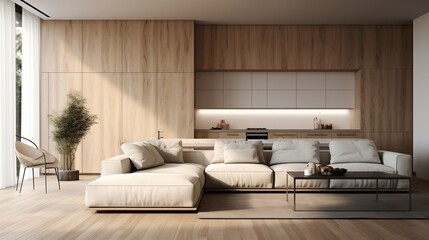 Modern white interior with kitchen, sofa, wood floor