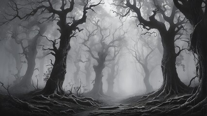 A dark and eerie forest, shrouded in mist and shadows, with gnarled trees reaching towards the sky. The only sound is the crunch of leaves underfoot as you make your way deeper into the unknown. - obrazy, fototapety, plakaty