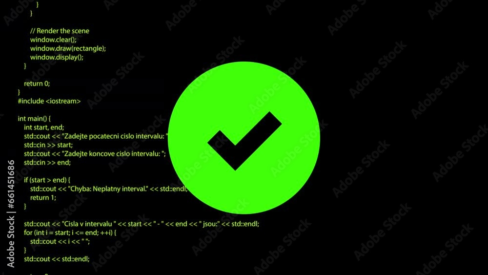 Poster check glitch icon - abstract green digital animation. code moving in the screen background.