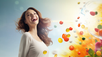 A joyful woman with flowing hair surrounded by vibrant fruit and water splash against a sky-blue backdrop © Artyom