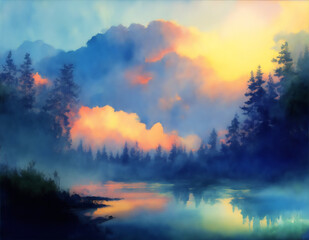 Watercolor evening landscape forest river, watercolor painting, evening clouds