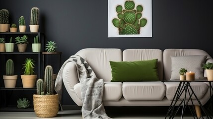 Cactus paintings and hexagons hang over cozy sofa