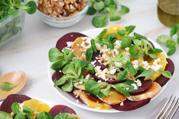 Beetroot and oranges fresh vegetarian salad